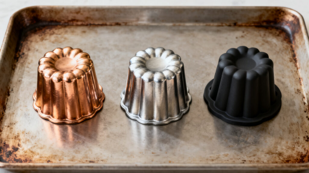 Moules cannelés en cuivre, aluminium et silicone sur plaque préchauffée