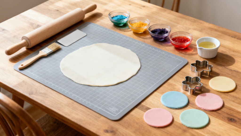 Rouleau, lisseur, pinceau, emporte-pièces et fondant prêt à étaler