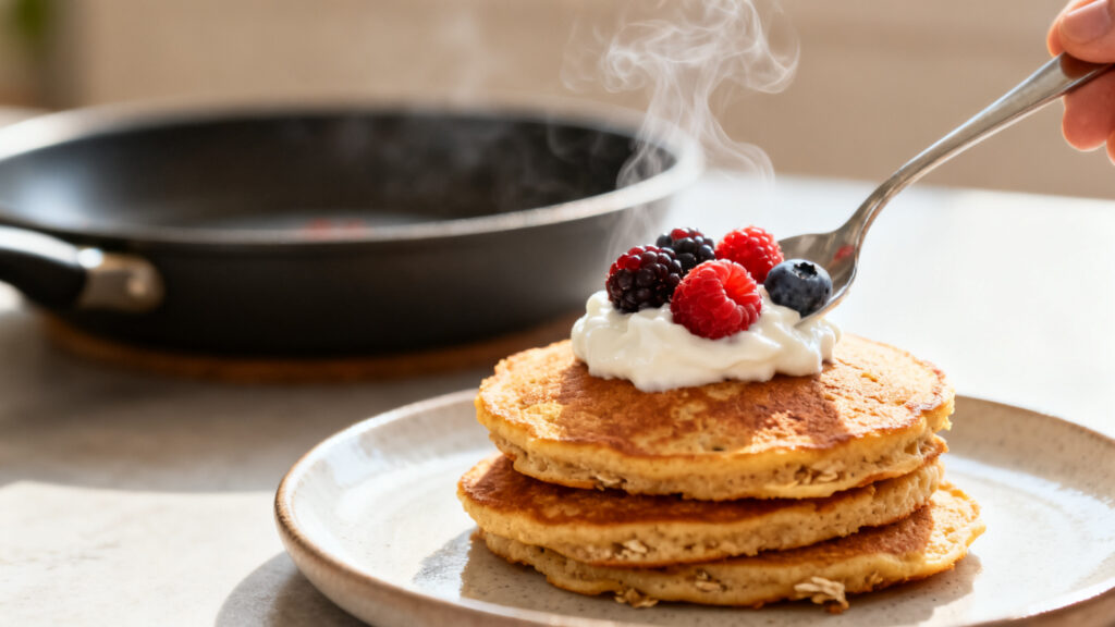 Pancakes protéinés sans whey avec yaourt et fruits