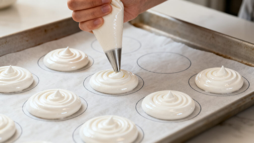 Pochage de meringue française brillante en disques de 8 cm