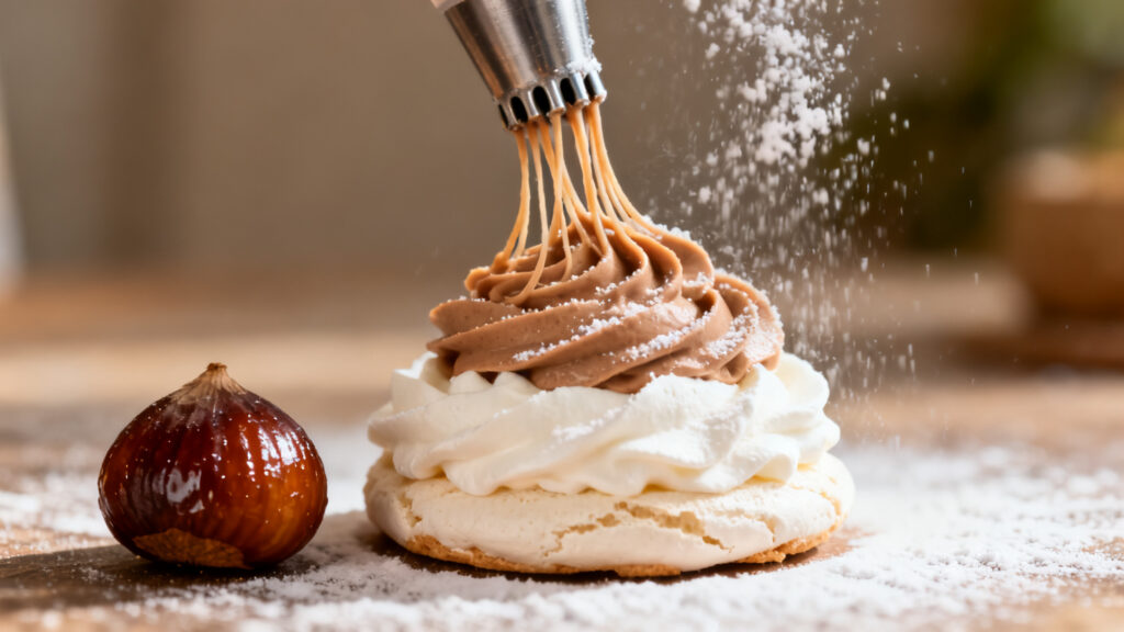 Vermicelles de crème de marrons dressés à la douille spaghetti