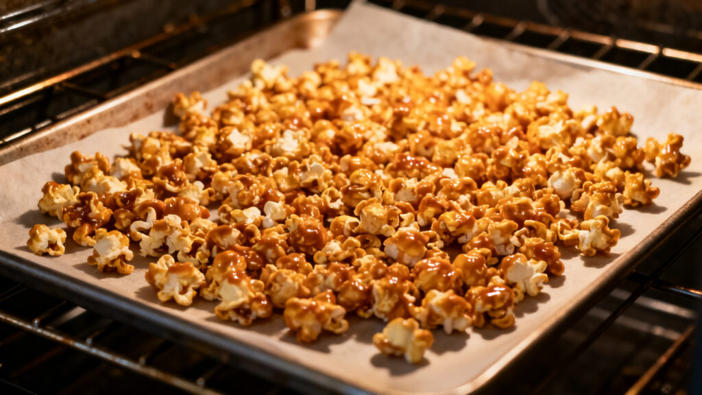 Pop-corn caramélisé étalé sur plaque pour séchage au four