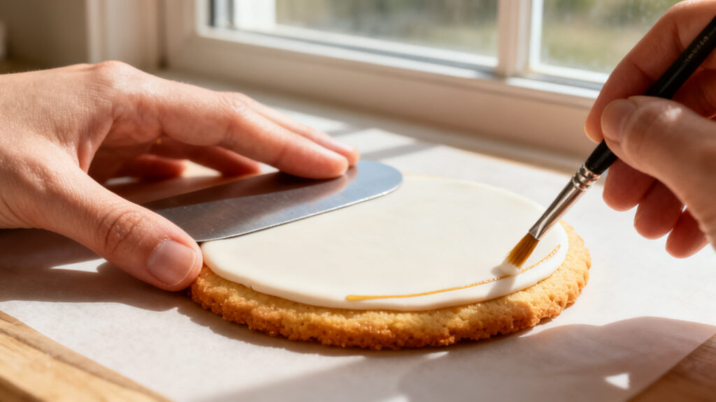 Lissage du fondant avec lisseur et colle alimentaire au bord