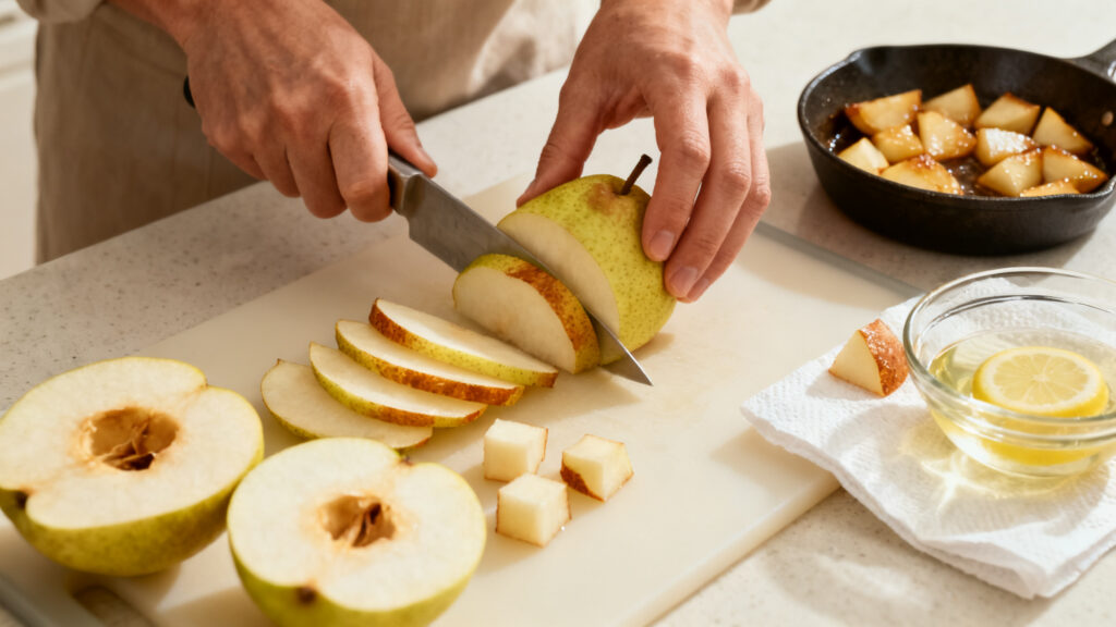 Poires Williams tranchées, épongées et citronnées