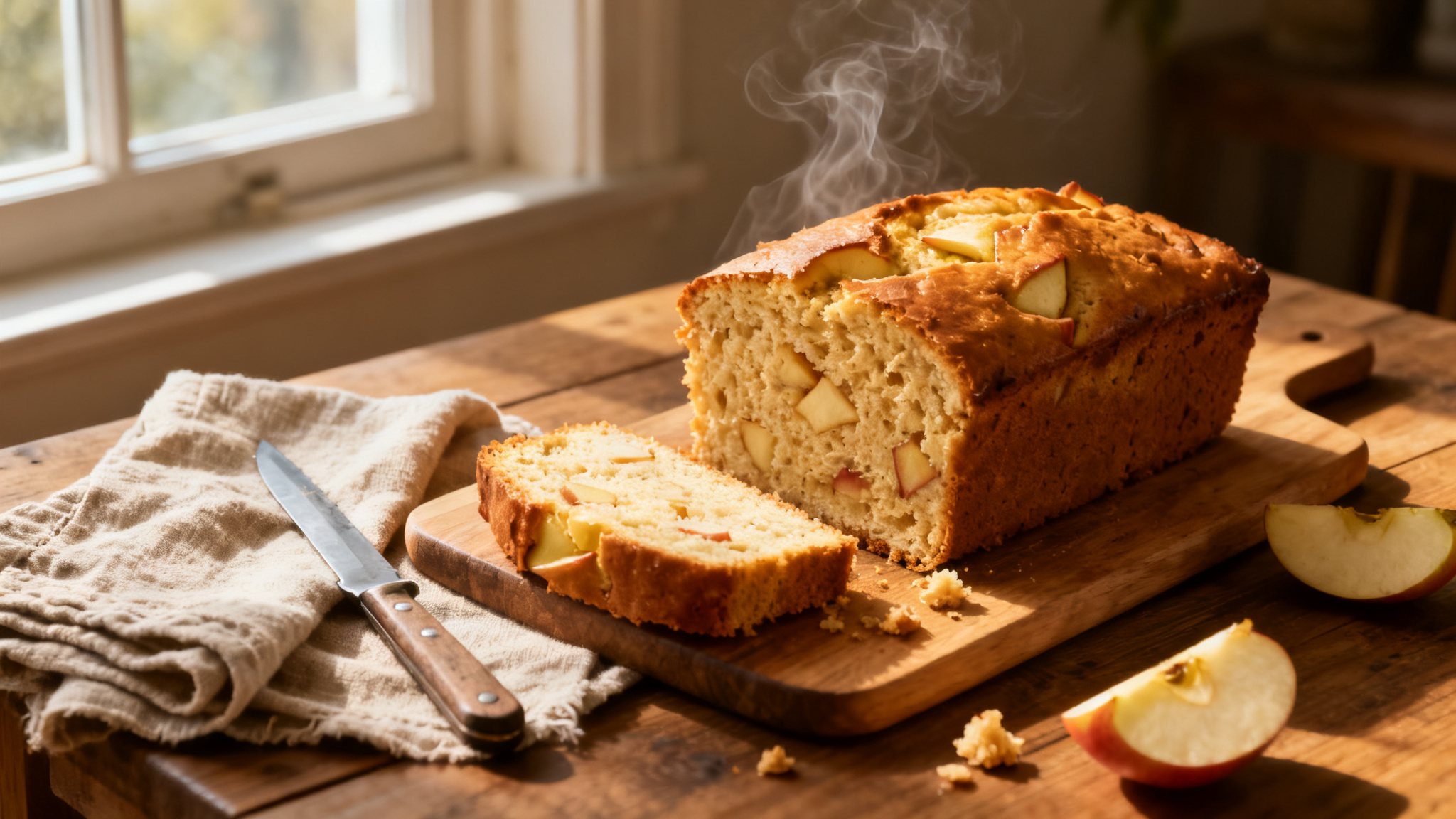 Quatre-quarts aux pommes moelleux, croûte dorée, tranché tiède