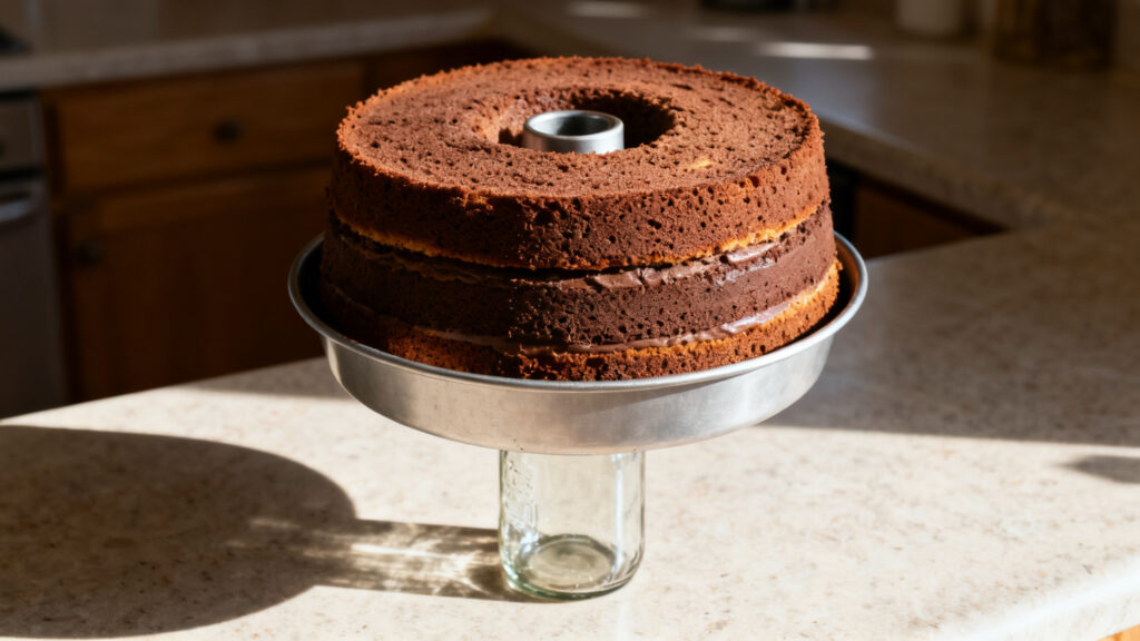 Gâteau chiffon refroidissant à l’envers sur bouteille