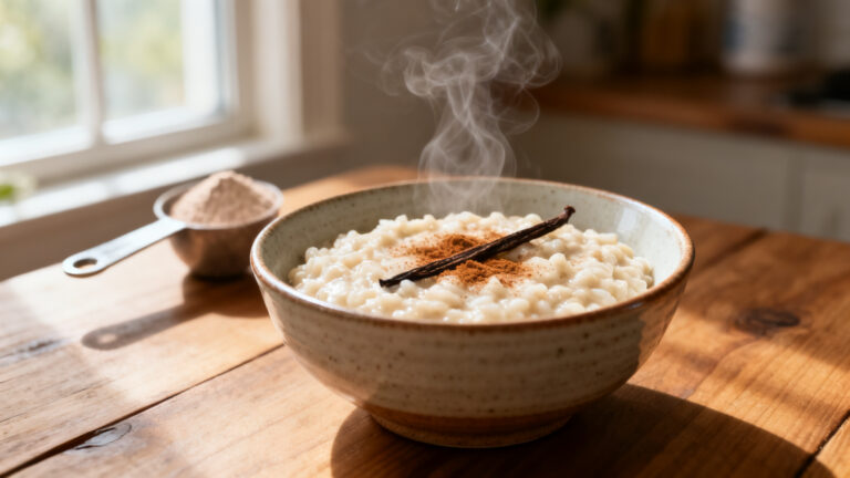 Bol de riz au lait protéiné crémeux avec vanille et cannelle