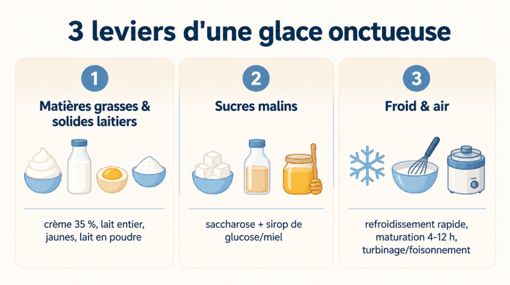 Schéma des leviers gras, sucres et froid pour une glace onctueuse