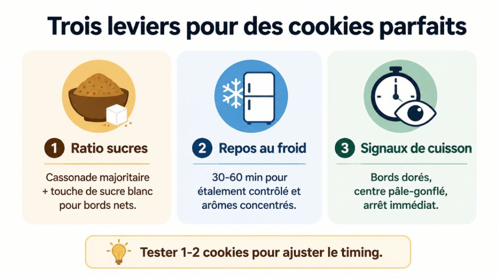 Schéma ratio sucres, repos au froid et repères de cuisson pour cookies