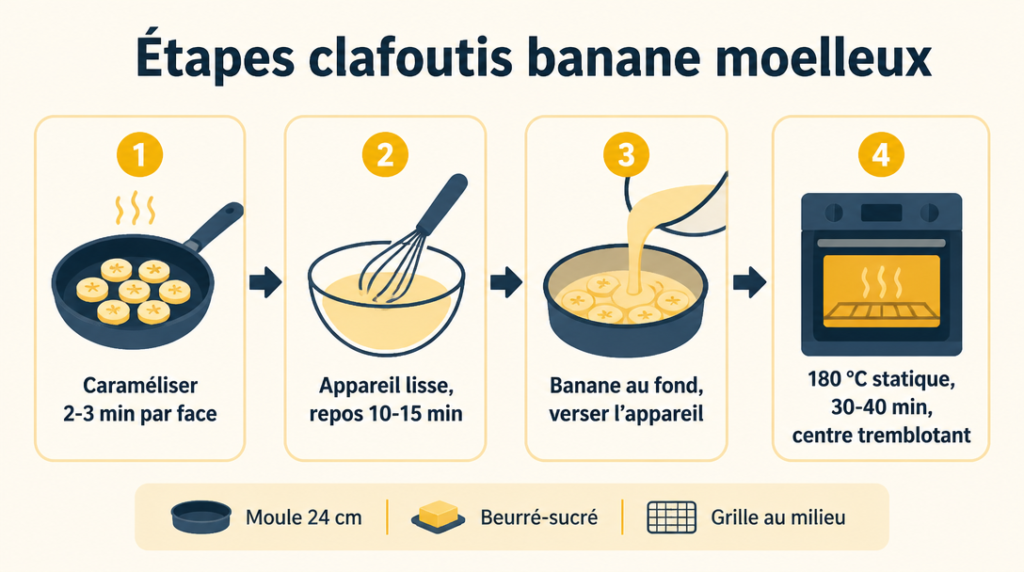 Schéma des étapes pour un clafoutis banane moelleux