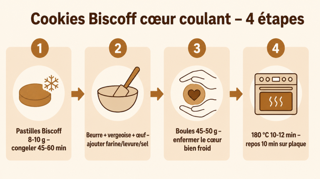 Schéma des étapes clés pour des cookies au spéculoos coulants