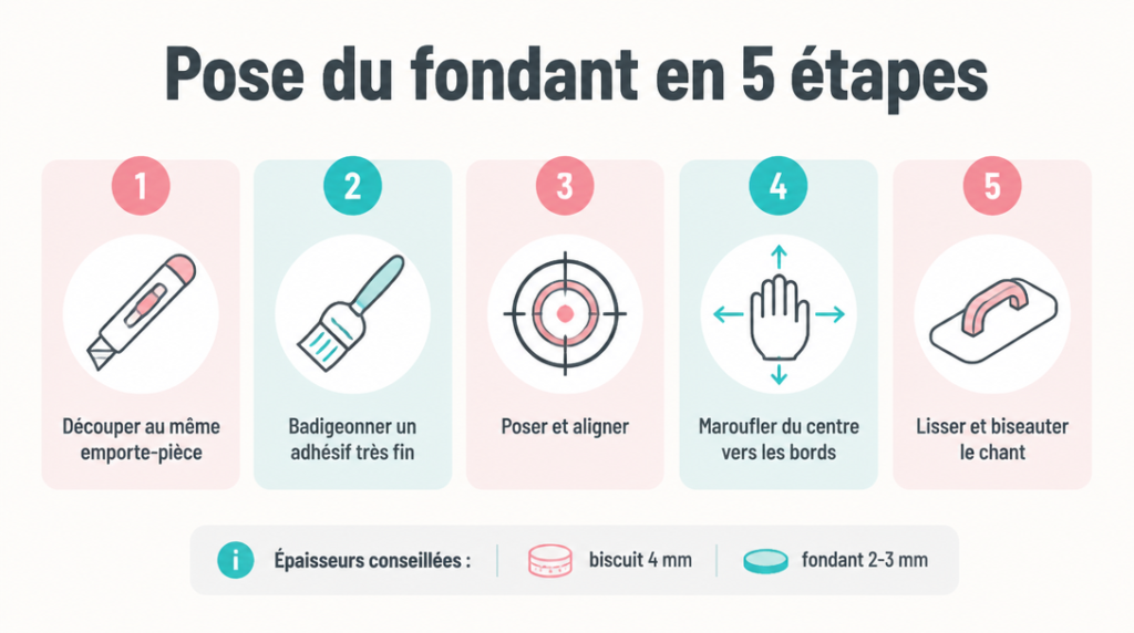 Schéma des 5 étapes pour poser le fondant sur des cookies