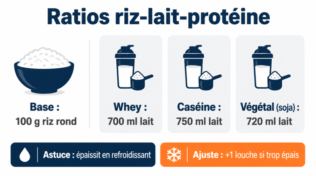Schéma des ratios liquide-riz-protéine pour whey, caséine et végétal