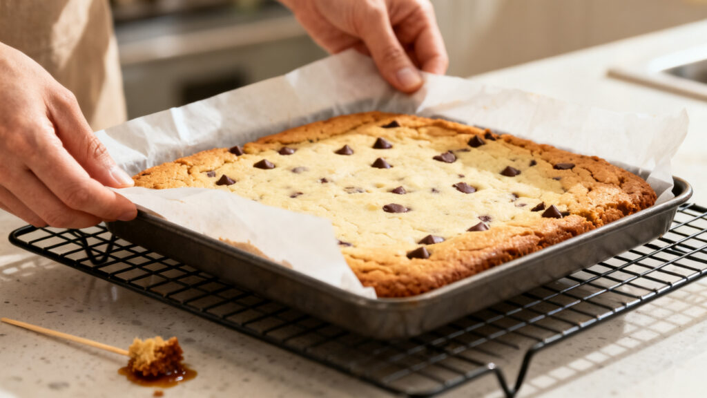 Bloc de cookies en barre soulevé sur papier cuisson