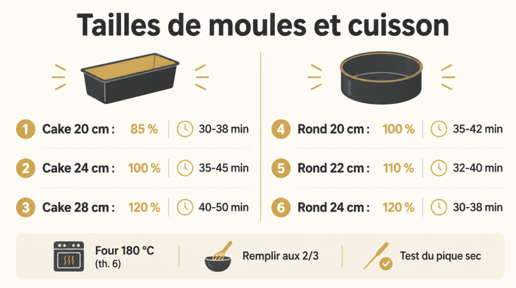 Repères quantités et temps à 180 °C selon moule 20-28 cm