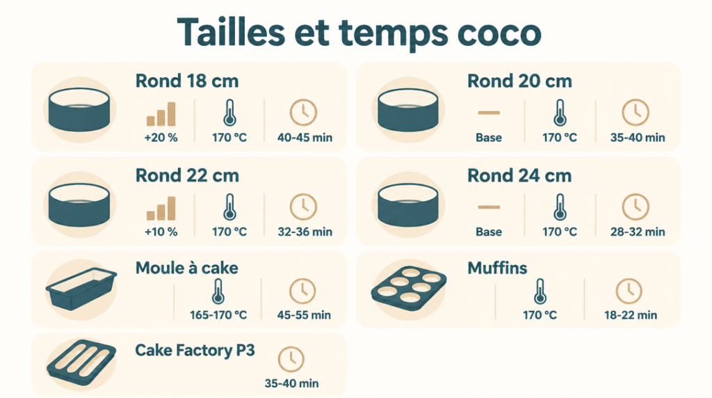 Conversions de moules et temps de cuisson pour gâteau coco