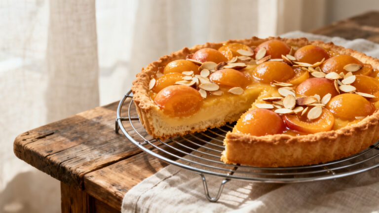 Tarte aux abricots et amandes dorée sur grille, part manquante