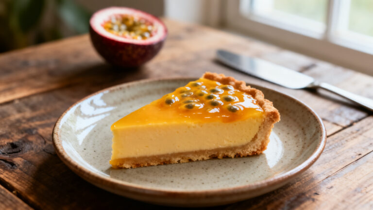 Tarte au crémeux fruit de la passion avec coupe nette