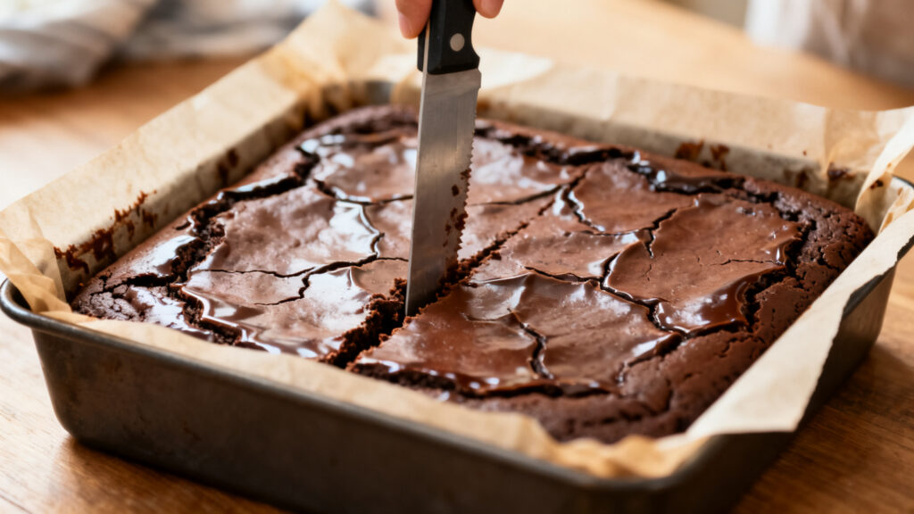 Test de cuisson, lame légèrement humide au centre du brownie