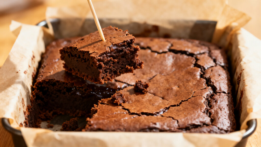 Cure-dents avec miettes humides au-dessus d’un brownie aux bords pris