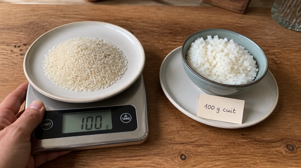 100 g de riz cru et 100 g cuits sur balance