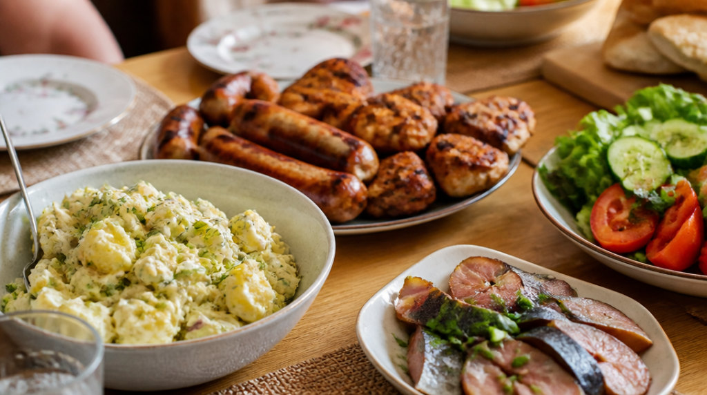 Salade de pommes de terre avec grillades et poisson fumé
