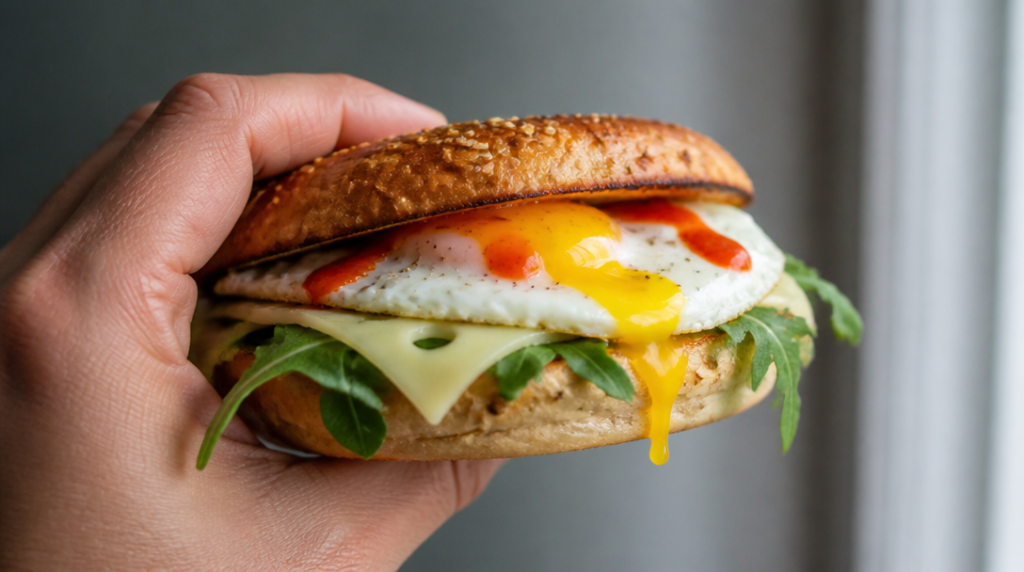 Bagel protéiné avec œuf au plat, emmental et sriracha
