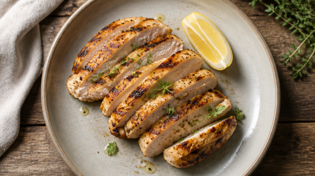 Filets de poulet dorés, portion riche en protéines
