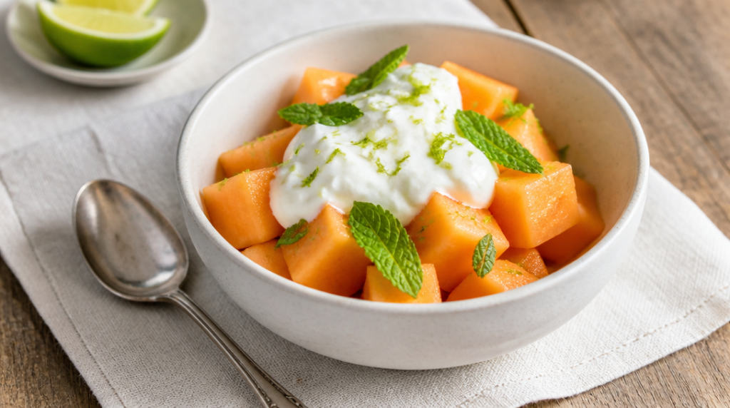 Bol de melon avec yaourt protéiné et feuilles de menthe
