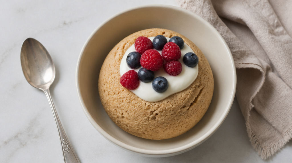 Bowl cake protéiné au micro-ondes avec yaourt et fruits