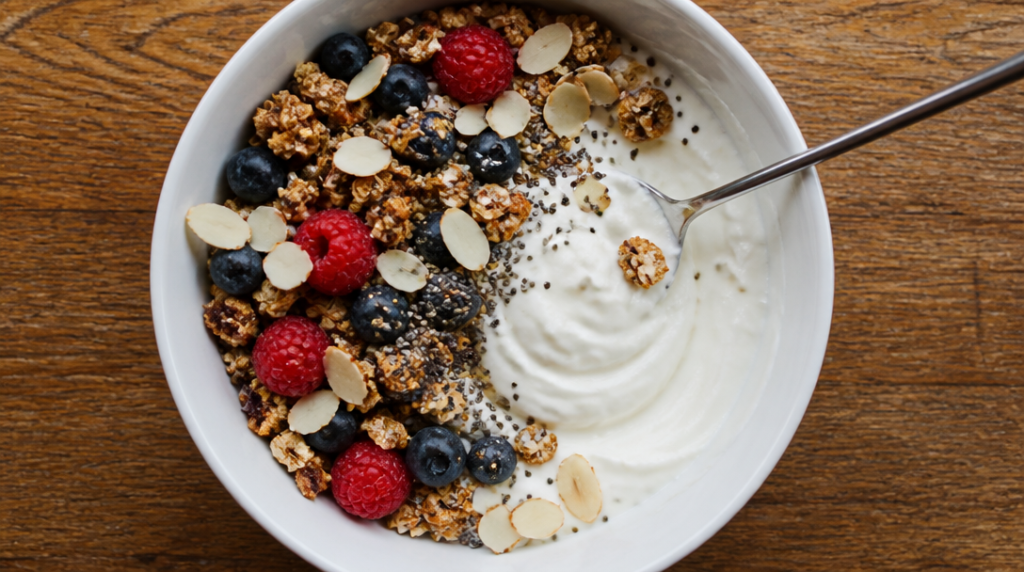 Skyr protéiné avec granola, fruits rouges et graines, IG bas