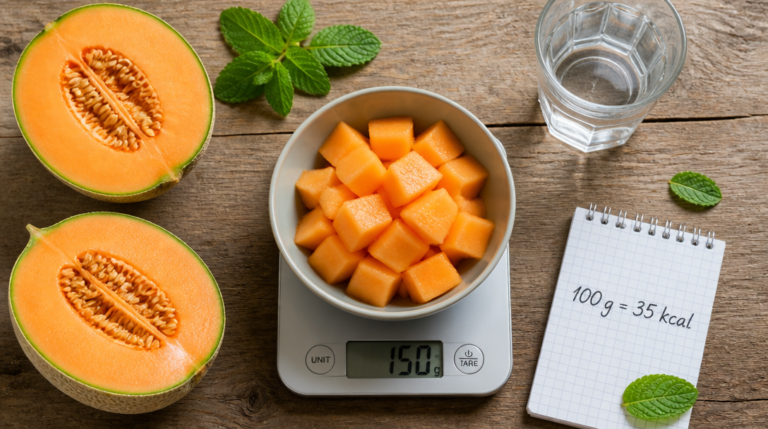 Demi-melon et dés sur balance, repères des calories du melon