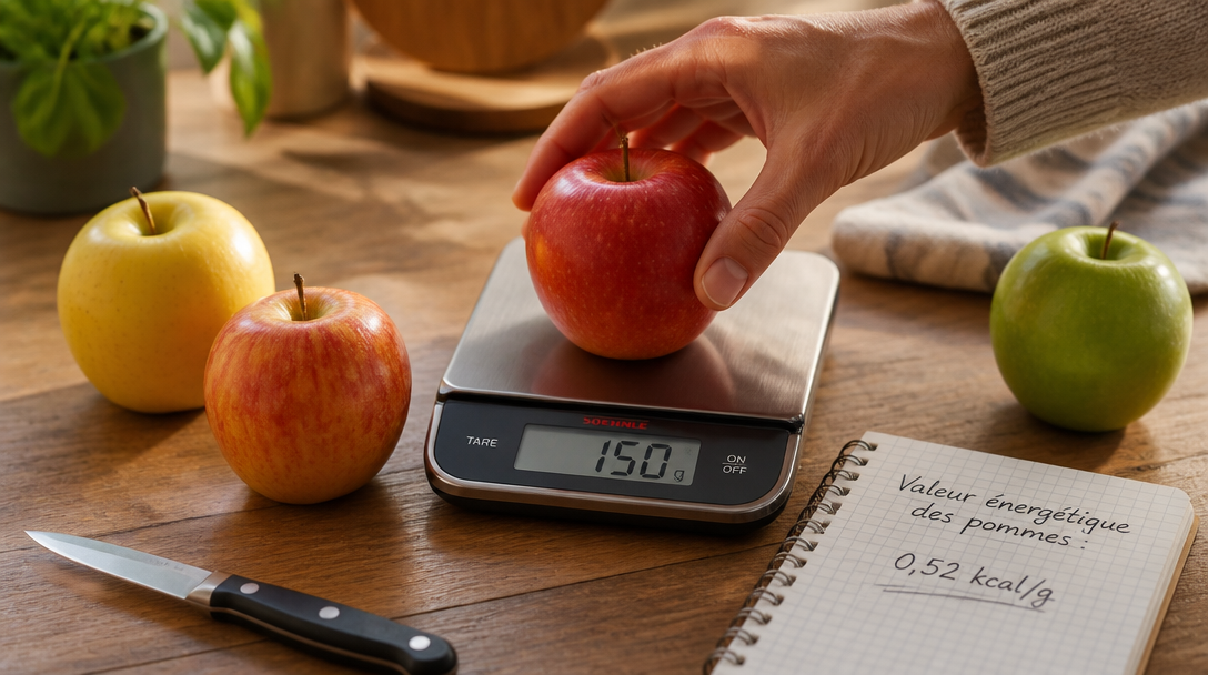 Balance de cuisine avec pomme de 150 g, repères calories pomme