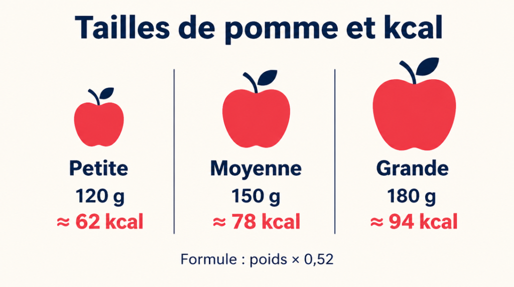 Comparatif kcal par taille de pomme : 120 g, 150 g, 180 g