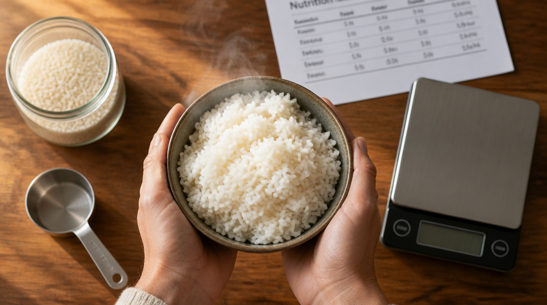 Calories du riz, 100 g cru et cuit avec balance