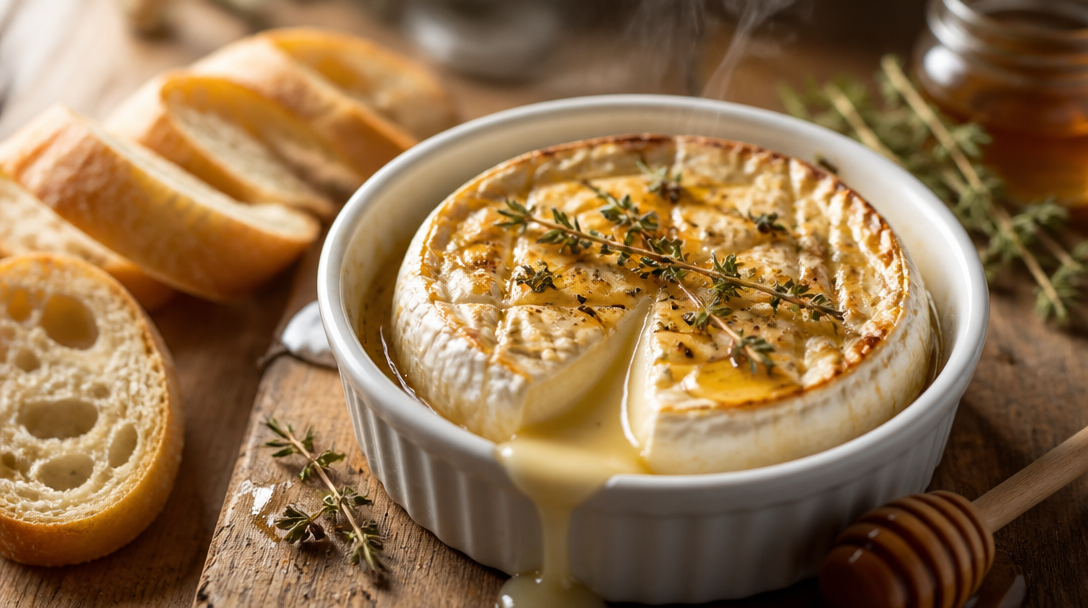 Camembert rôti au four coulant, miel, thym et croûte dorée