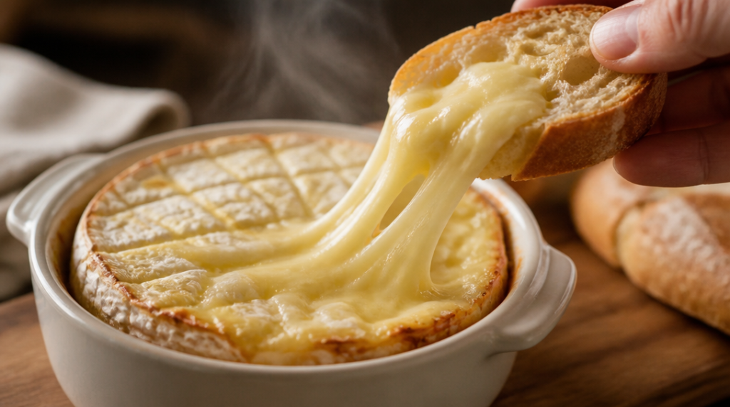 Camembert coulant au four servi chaud avec baguette