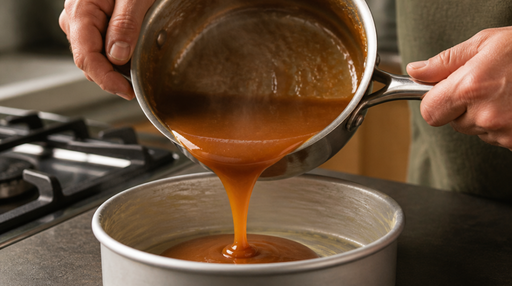 Caramel ambré versé dans un moule à manqué chaud