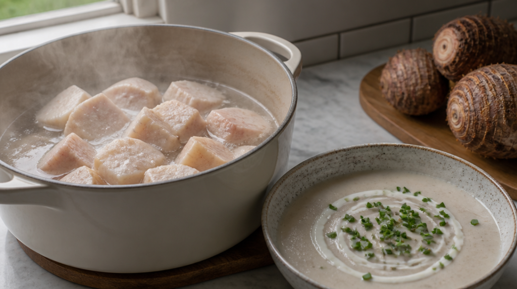 Cuisson de dachine (taro) pour un velouté crémeux