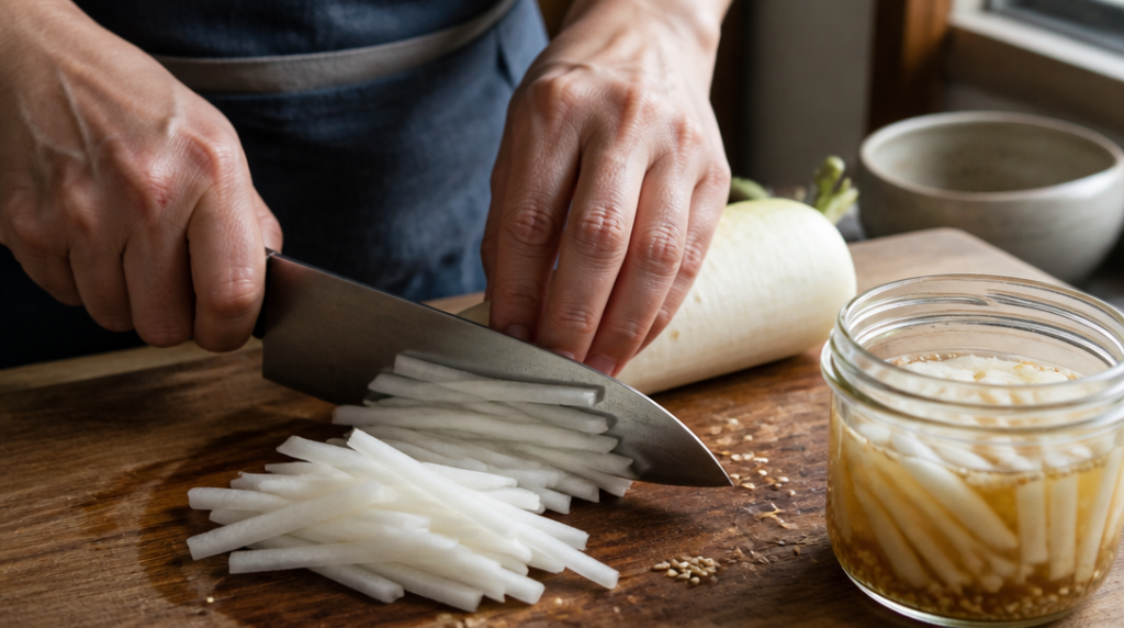 Daikon (radis blanc) tranché pour pickles japonais