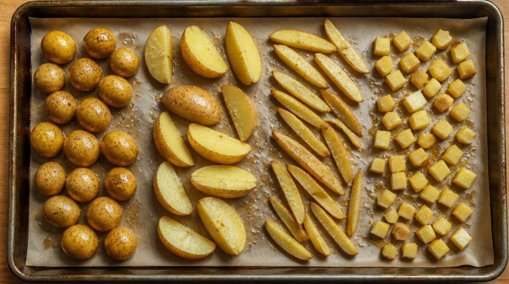 Différentes découpes de pommes de terre sur plaque pour temps de cuisson
