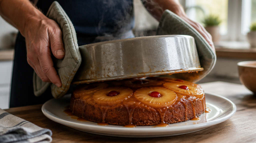 Démoulage du gâteau renversé, caramel qui nappe le dessus