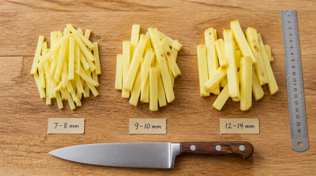 Trois épaisseurs de frites avec règle : 7-8, 9-10 et 12-14 mm