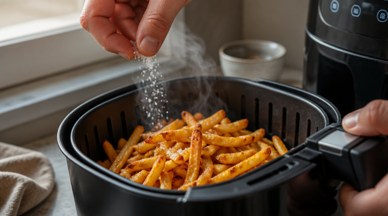 Frites à l’Air Fryer dorées dans un panier, salées à la sortie