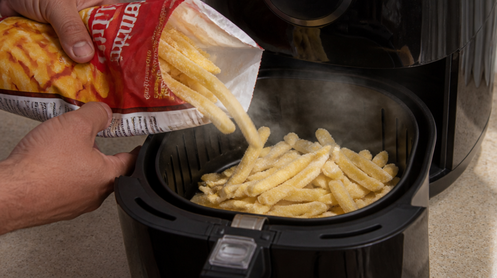 Frites surgelées versées dans un panier d’air fryer à moitié plein