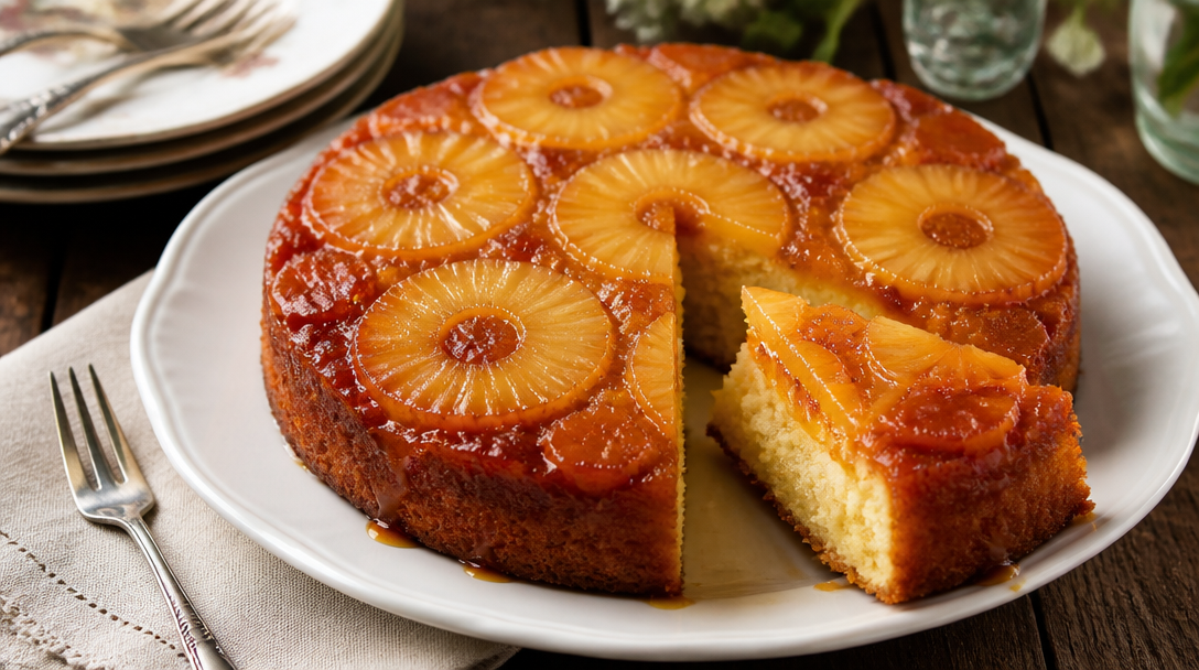 Gâteau à l’ananas de grand-mère démoulé, caramel brillant