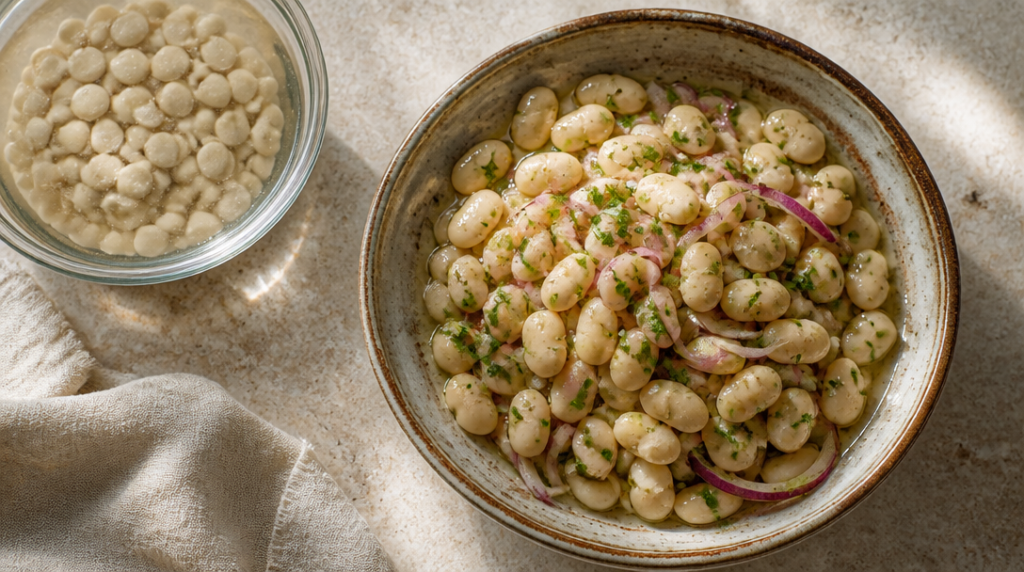 Haricots de Lima cuits, texture crémeuse en salade