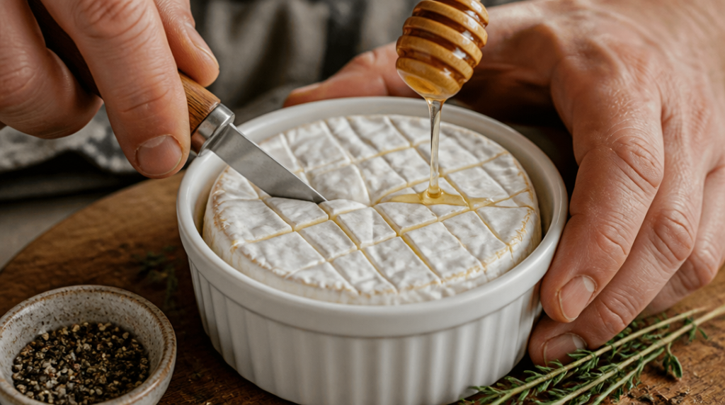 Inciser le camembert, miel et thym, poivre noir concassé