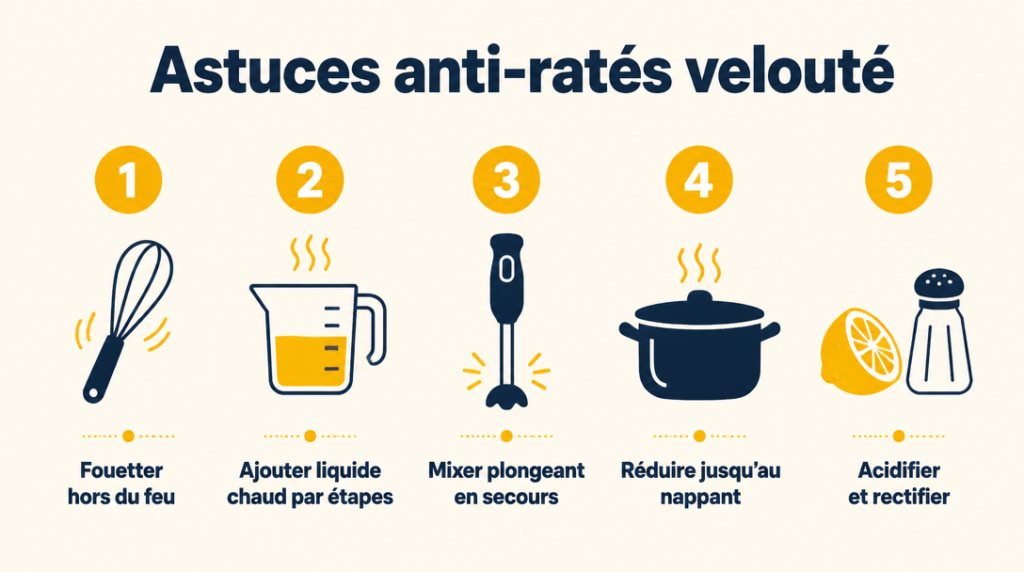 Schéma des étapes clés pour une sauce veloutée soyeuse