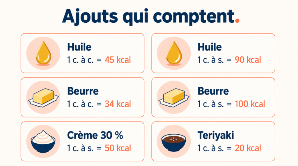 Huile, beurre, sauces : kcal ajoutées par cuillère